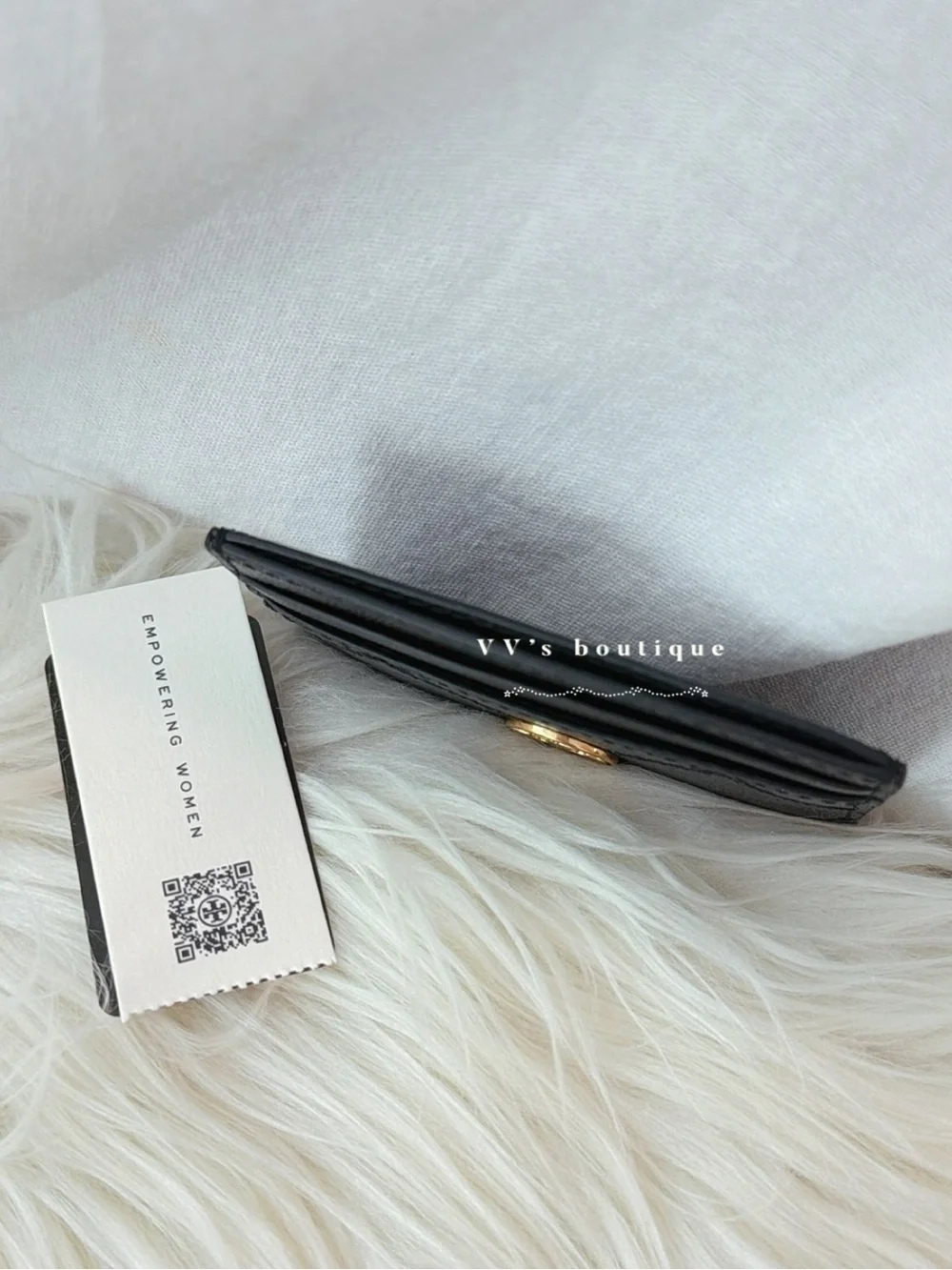 NWT Tory Burch Willa Card Case Quilting Leather Black Gold 165928